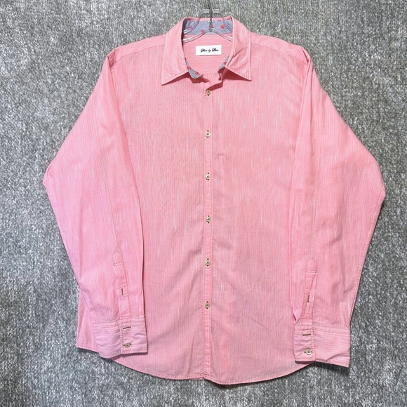 Mens XL Striped Button Down Shirt Floral Trim Long Sleeve Pink Lightweight Linen - Picture 1 of 7